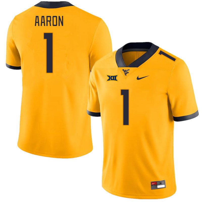 Men #1 Jeremiah Aaron West Virginia Mountaineers College Football Jerseys Stitched Sale-Gold